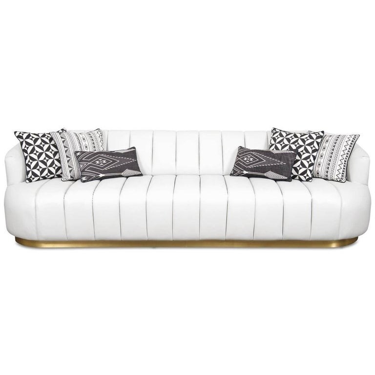 Modern tufted pearl white faux leather sofa with channel