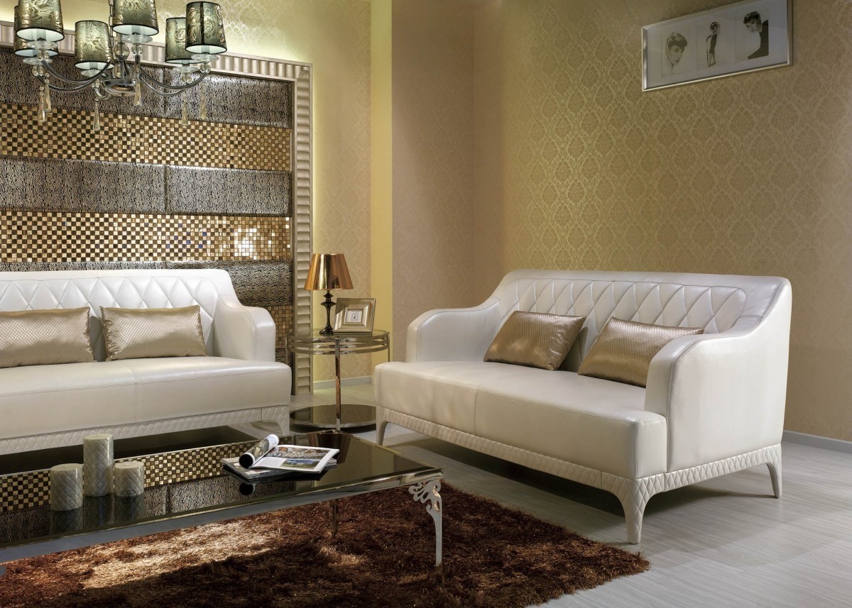 Modern white tufted leather sofa set