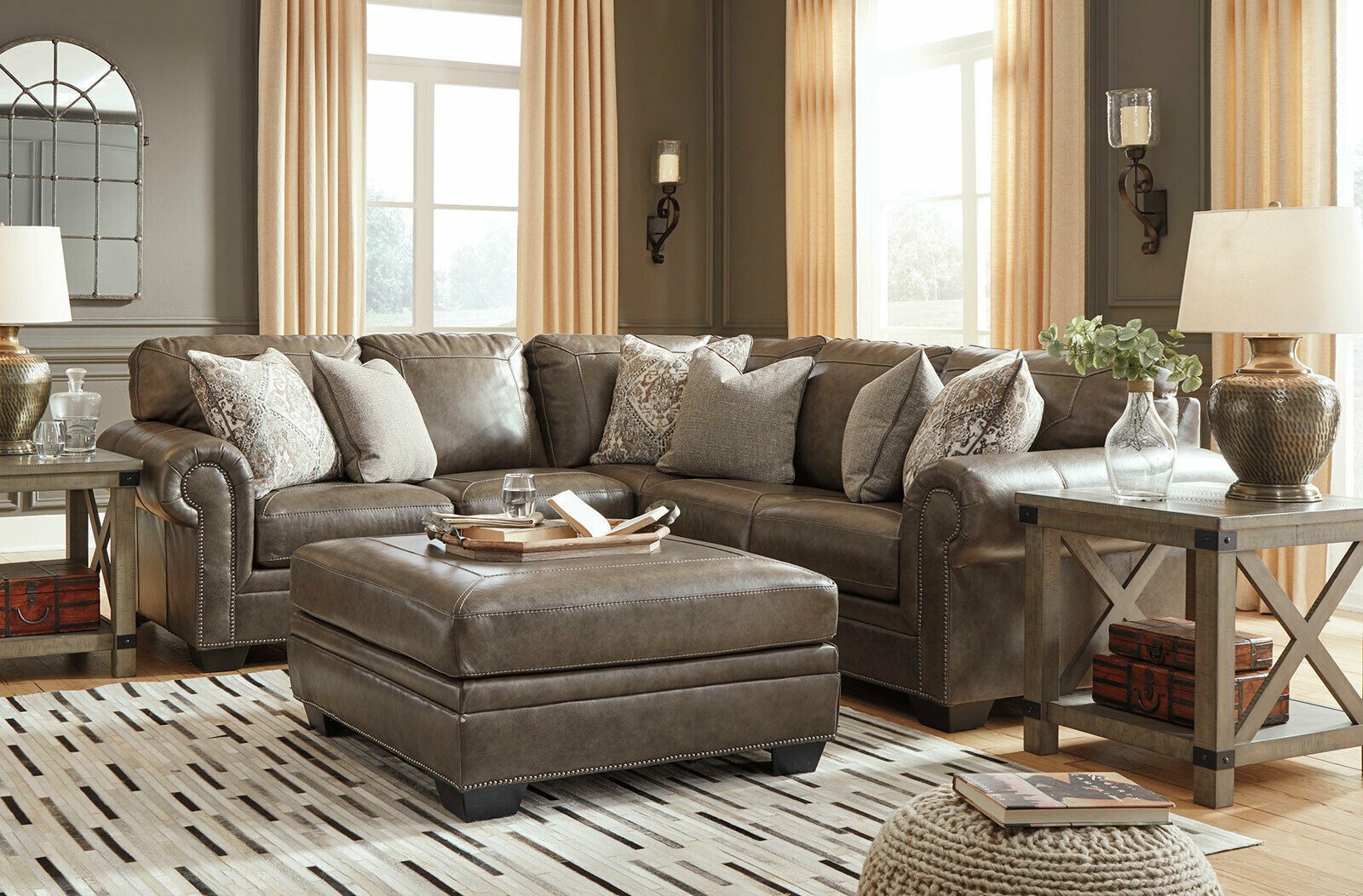 New traditional sectional living room taupe brown leather