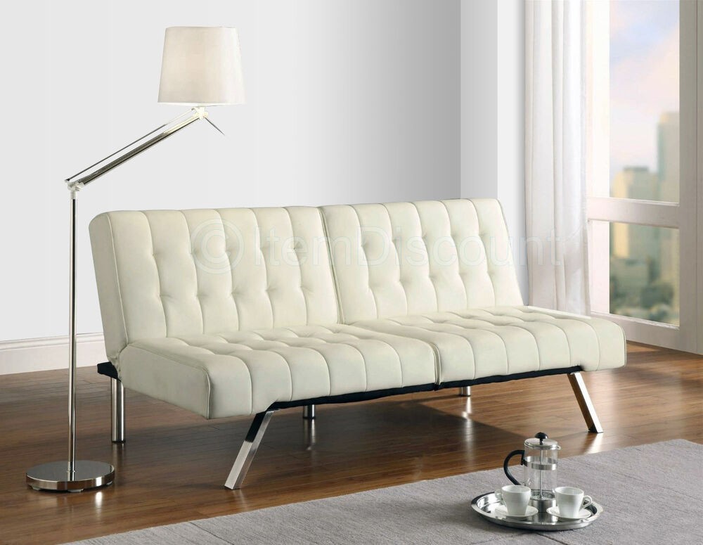 Off white leather tufted futon folding couch sofa