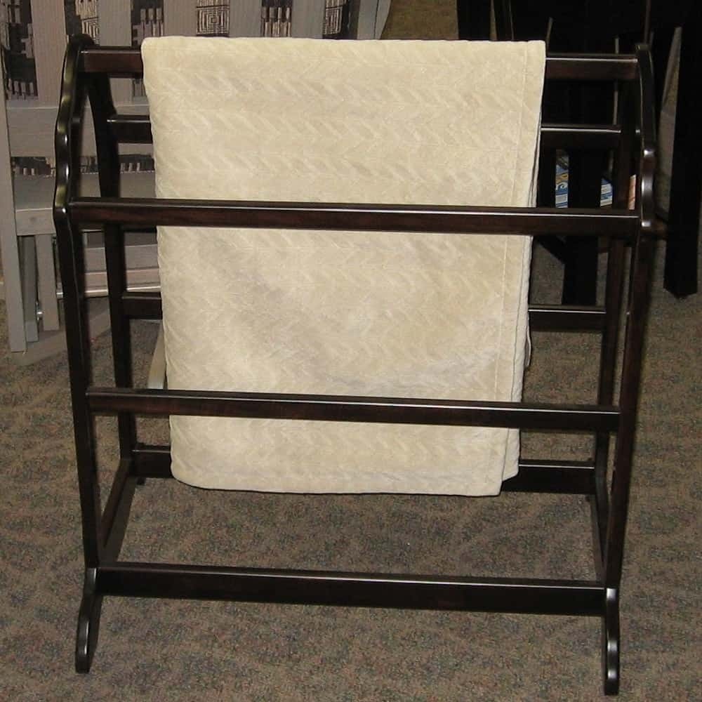Open end quilt rack shown in brown maple with an