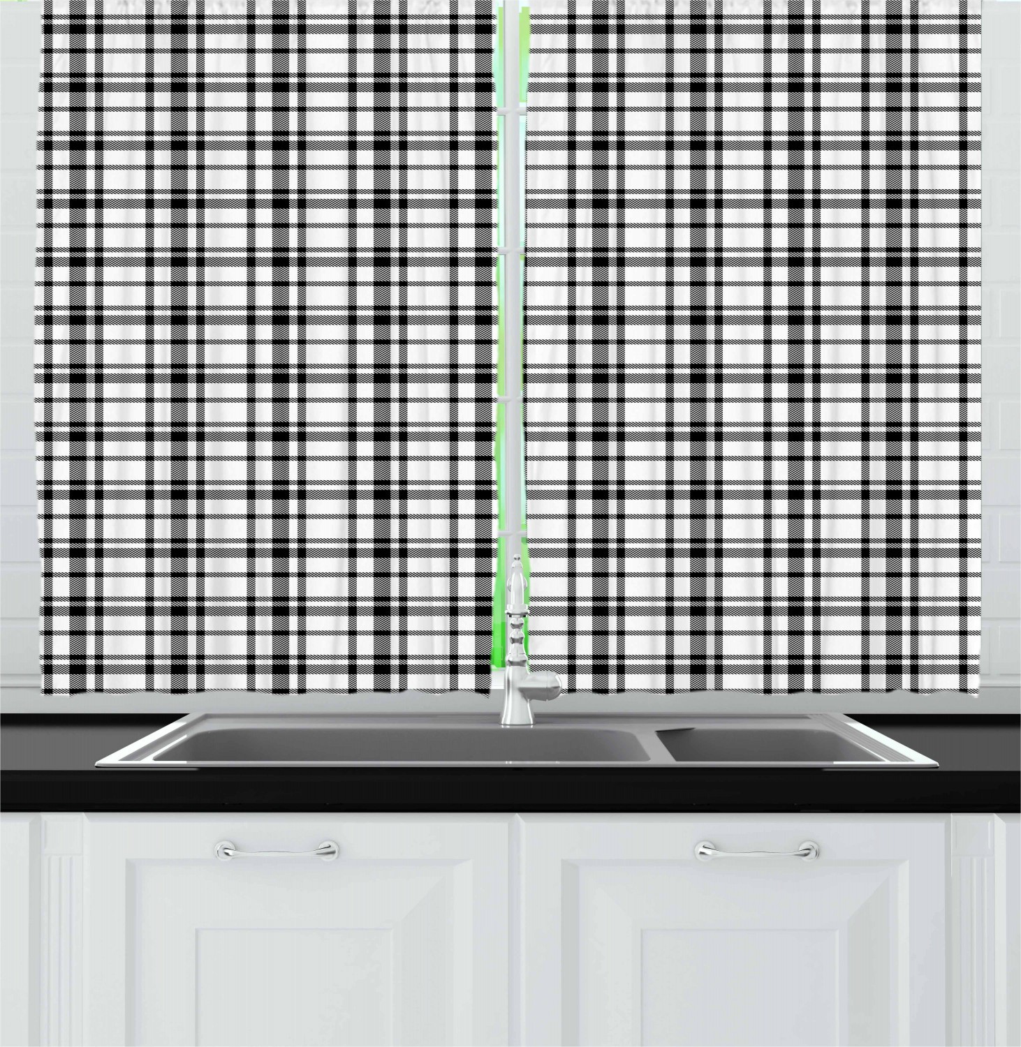 Plaid curtains 2 panels set black and white tartan 1