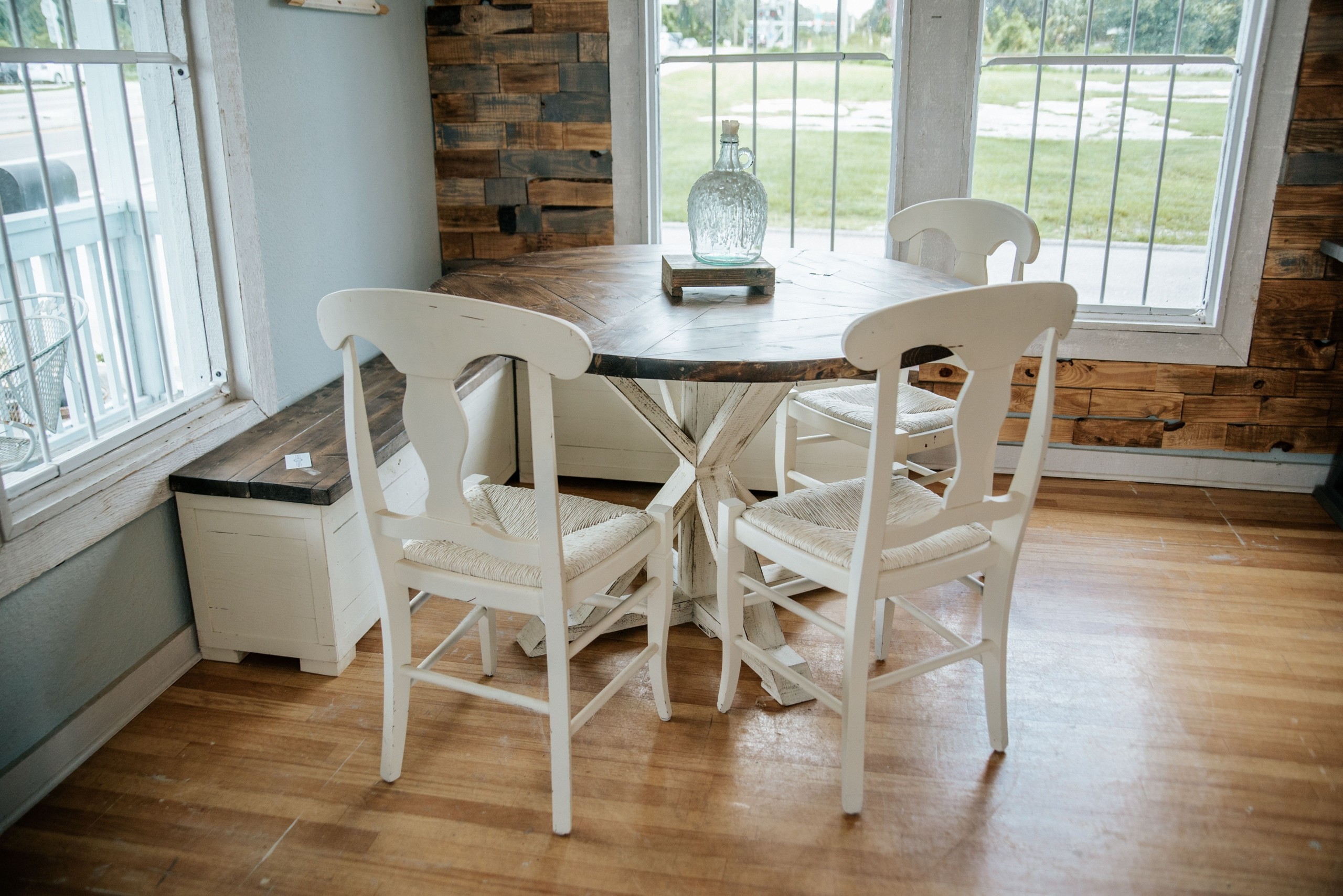 Round farm table with custom storage benches 48 round