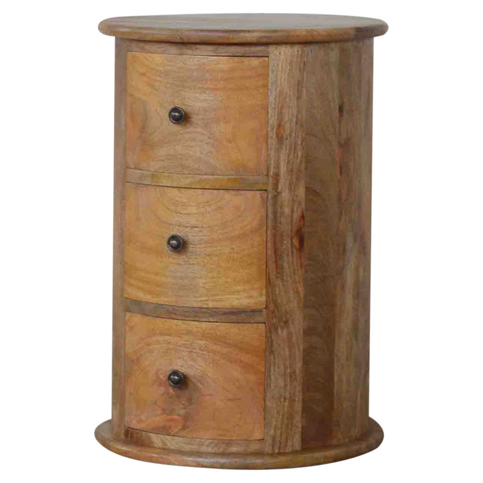 Solid mango wood 3 drawer slim drum chest round chest