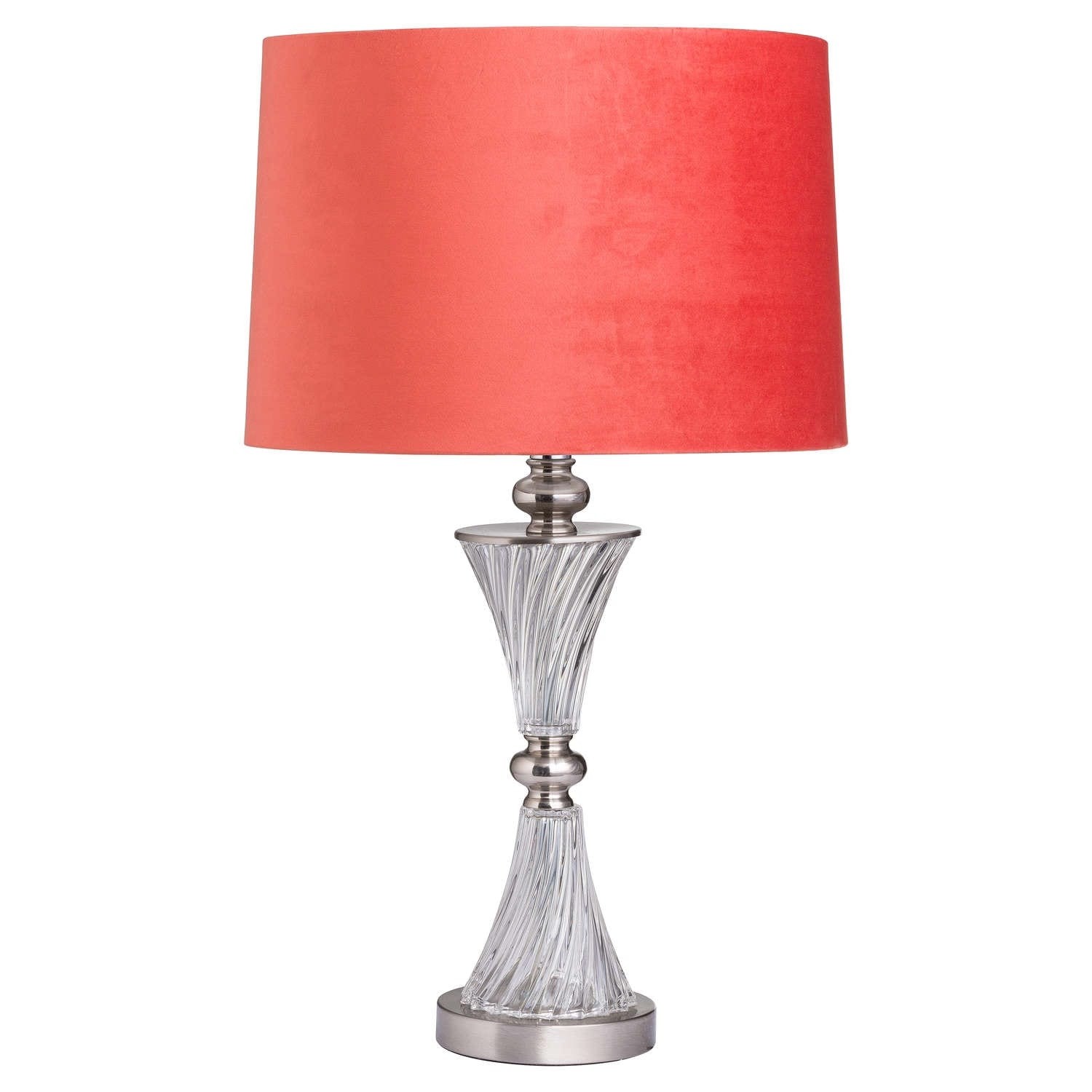 Turned glass fluted table lamp with velvet coral shade