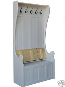 White painted monks bench tall hallway storage seat with