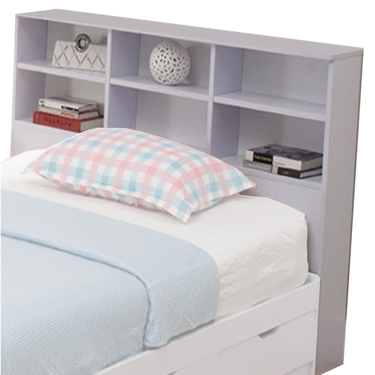 Wooden full size bookcase headboard with 6 open shelves