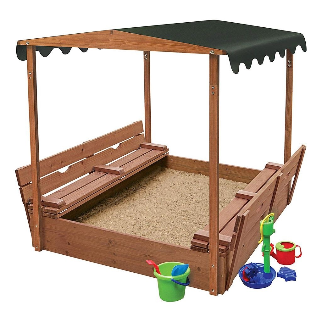 Wooden sandbox with cover and bench seats kids sandbox