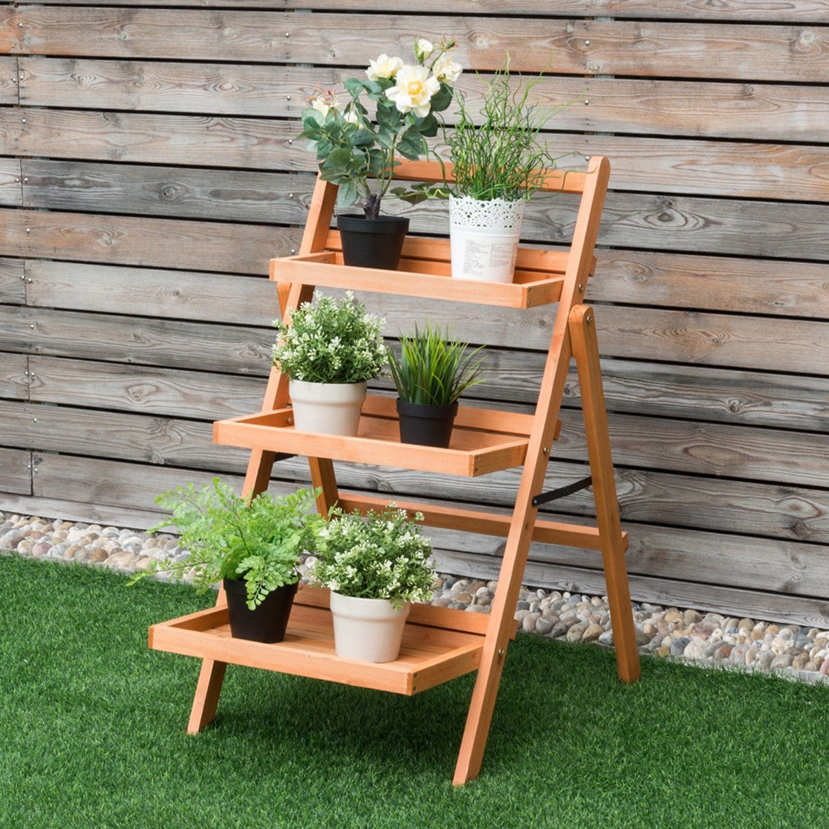 3 tier outdoor wood flower folding pot shelf stand plant