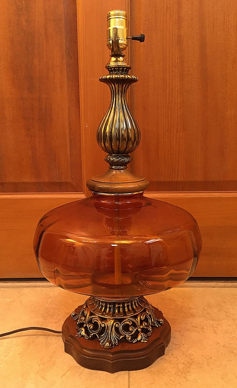 Amber glass wood table lamp mid century 1970s hollywood