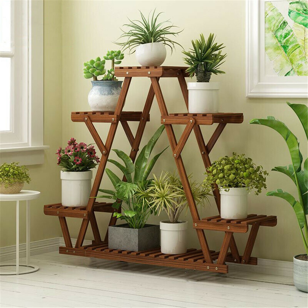 Free standing 6 tier triangular wood flower stand plant