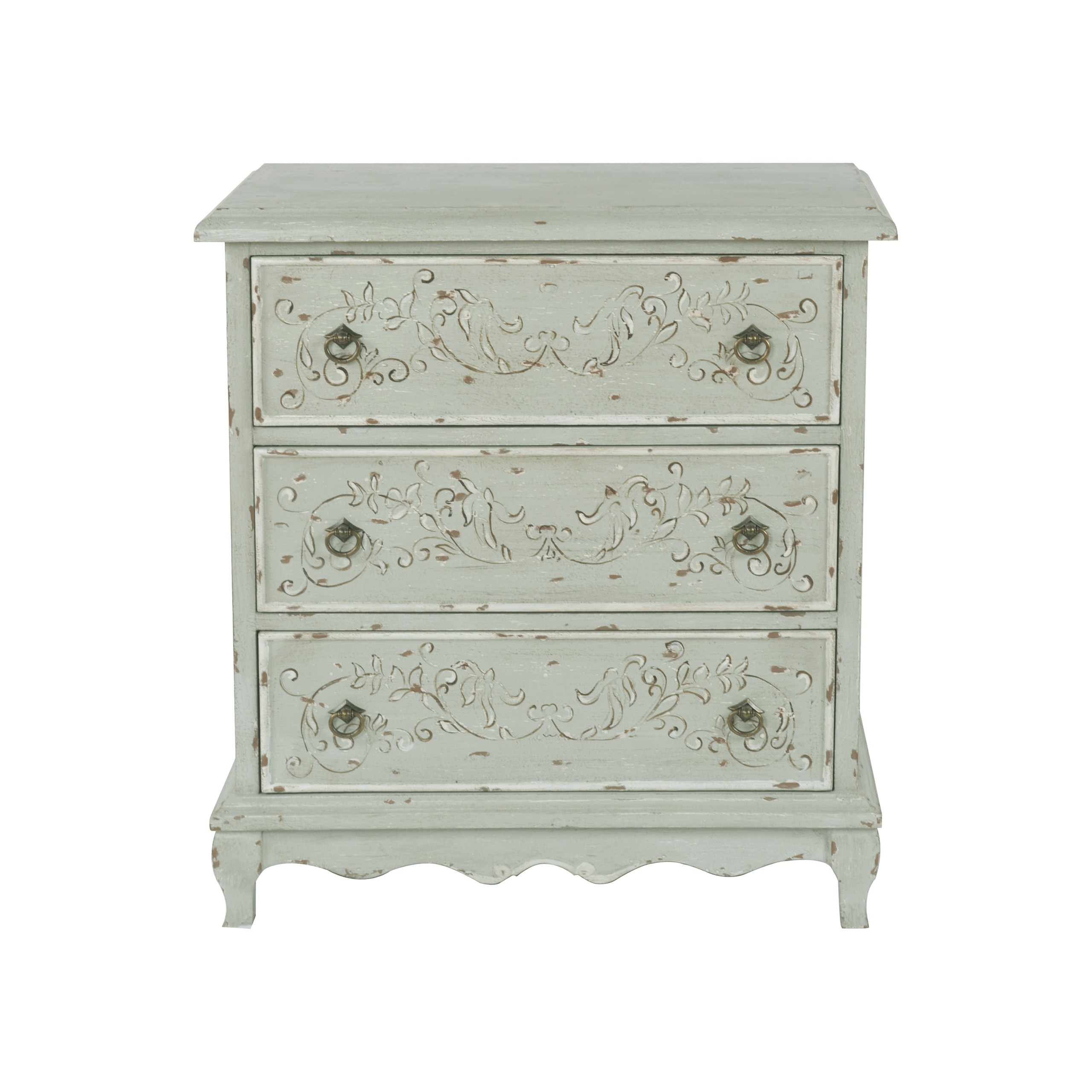 Hand painted three drawer accent chest in weathered sage