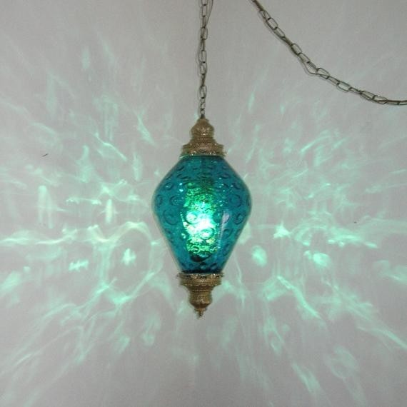 Lg mid century teal blue optic glass hanging swag lamp