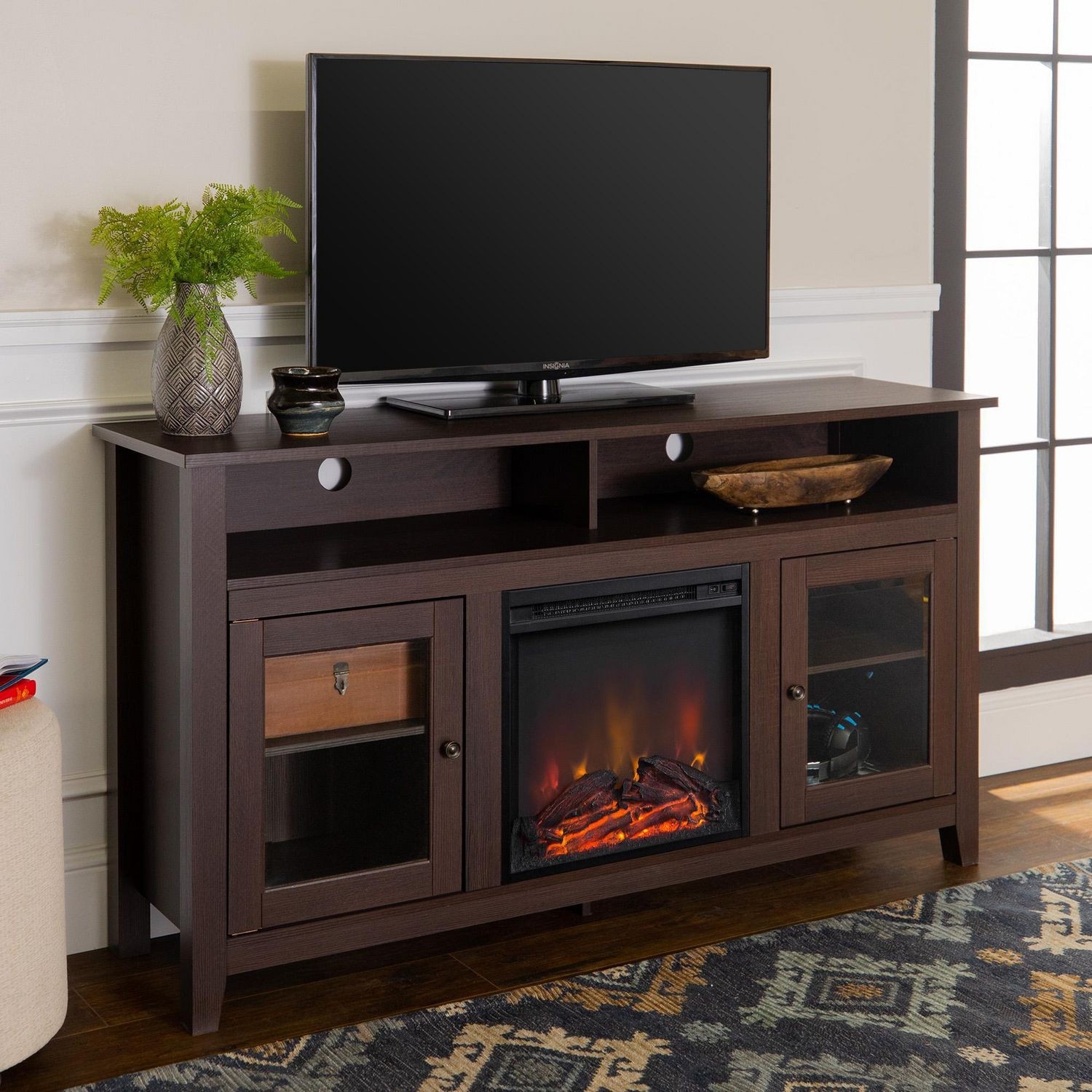 Manor park modern highboy fireplace tv stand for tvs up
