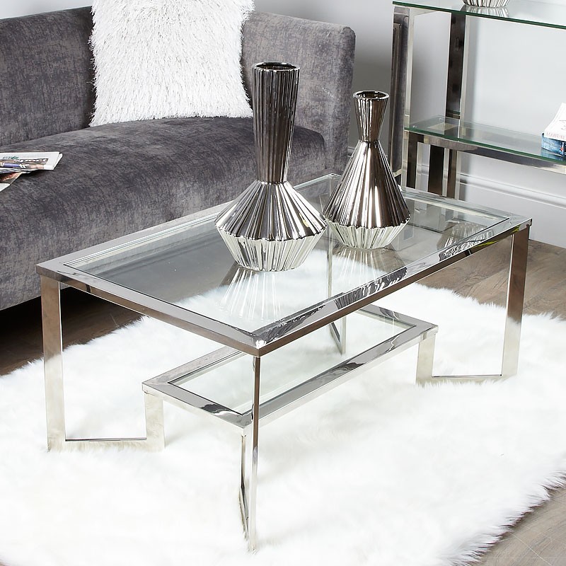 Modern chrome and glass coffee table design