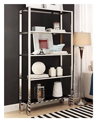 Modern mirror finish chrome bookcase with 5 black tempered