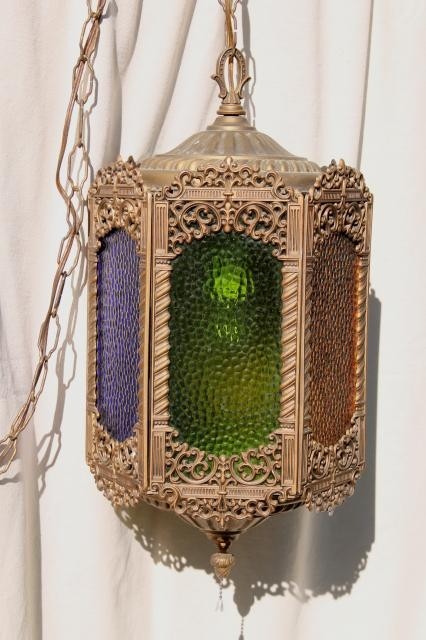 Moroccan lantern w colored glass panels bohemian vintage 1