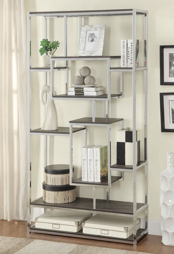 Multi level chrome bookcase w weathered grey shelves by