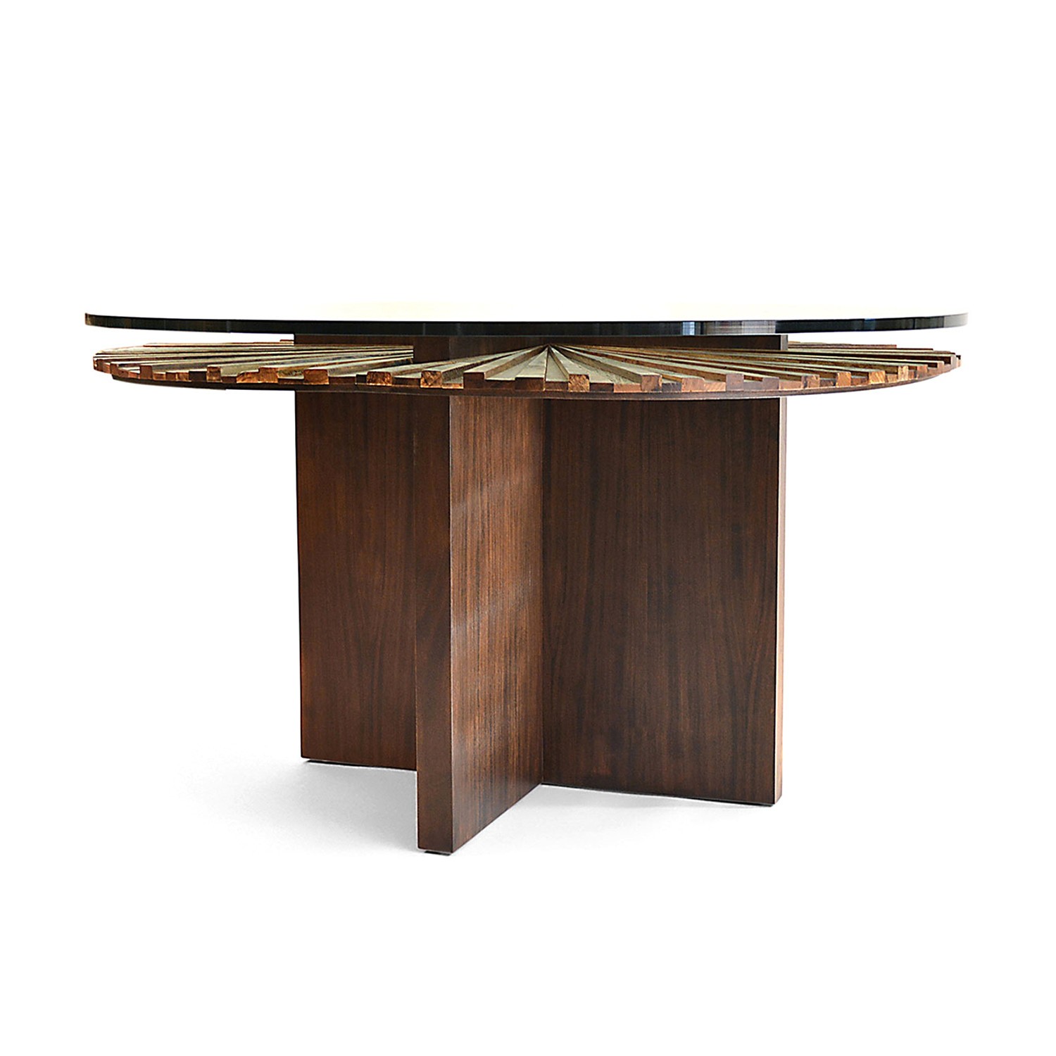 Round mandala dining table glass top stained wood 3