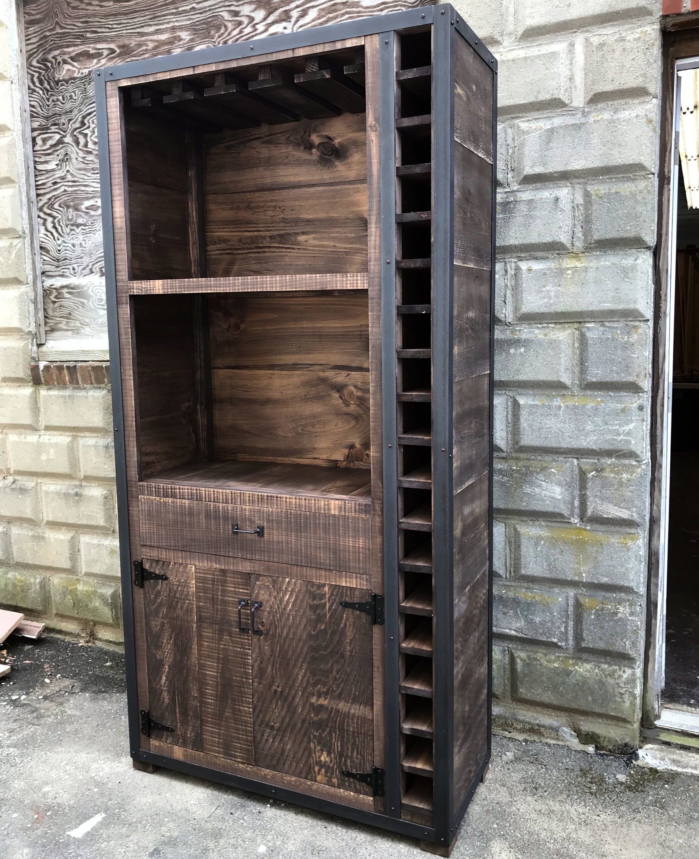 Rustic industrial wine cabinet rack weathered walnut
