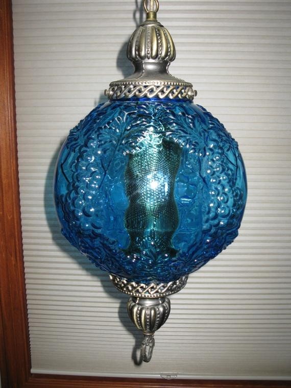 Stunning 70s rare aqua blue glass swag lamp grape cluster