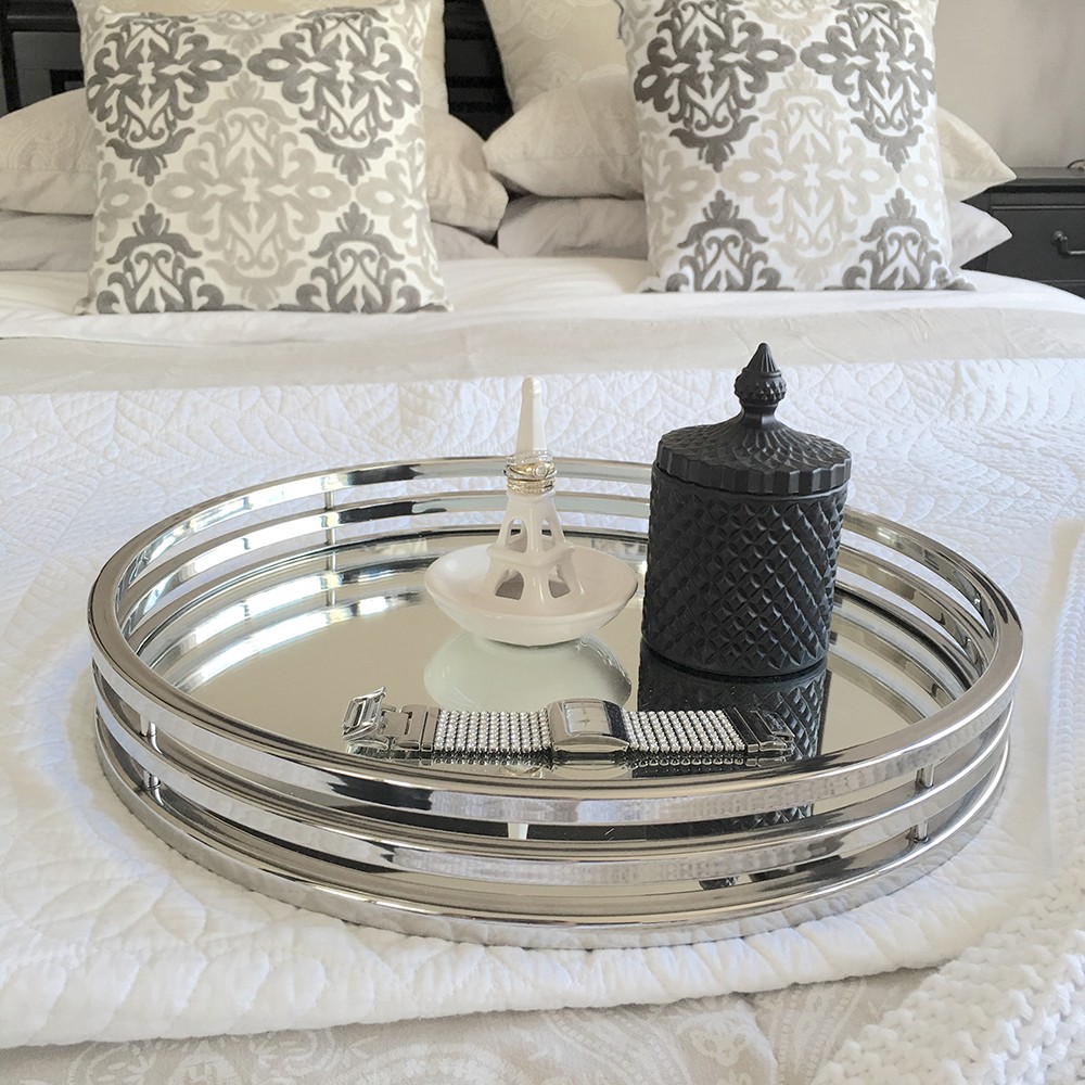 Stunning round silver tray mirror coffee table tray