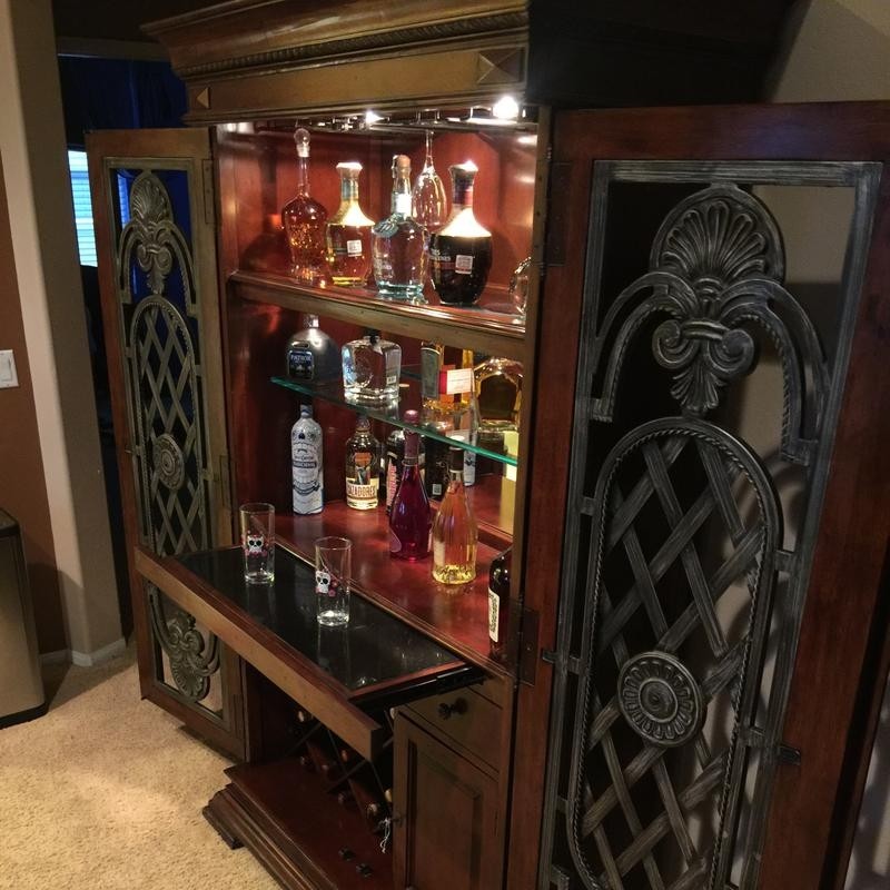 Tall wood wrought iron wine bar cabinet for sale in