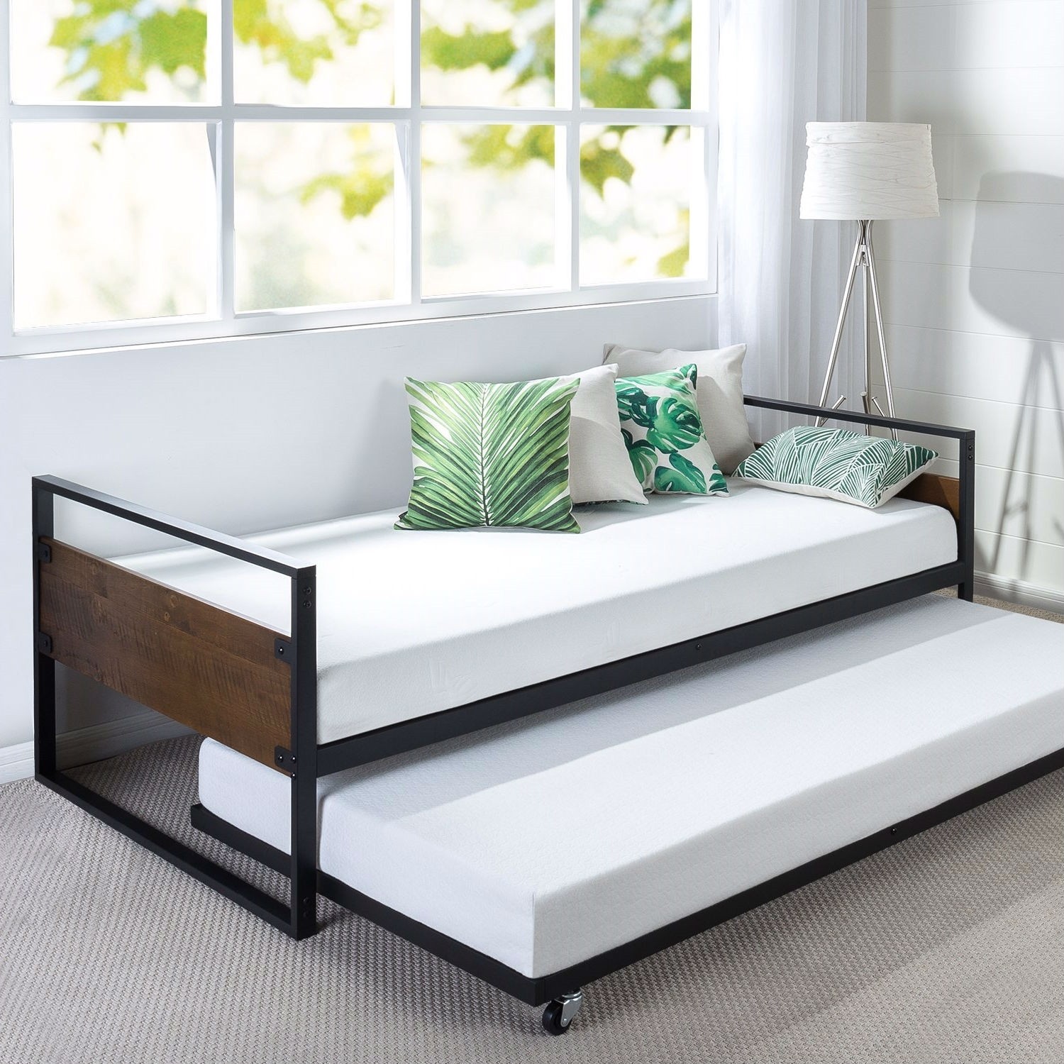 Twin size metal wood daybed frame with roll out trundle