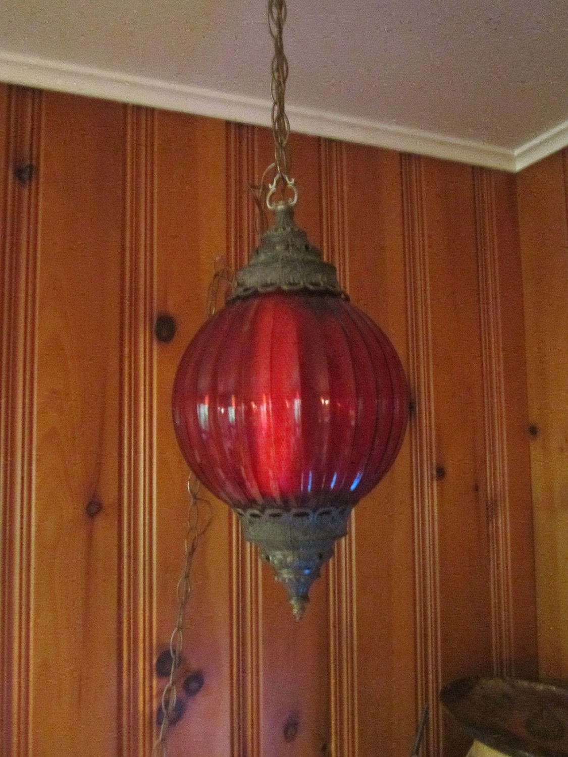 Vintage 60s 70s modern red glass hanging swag light lamp