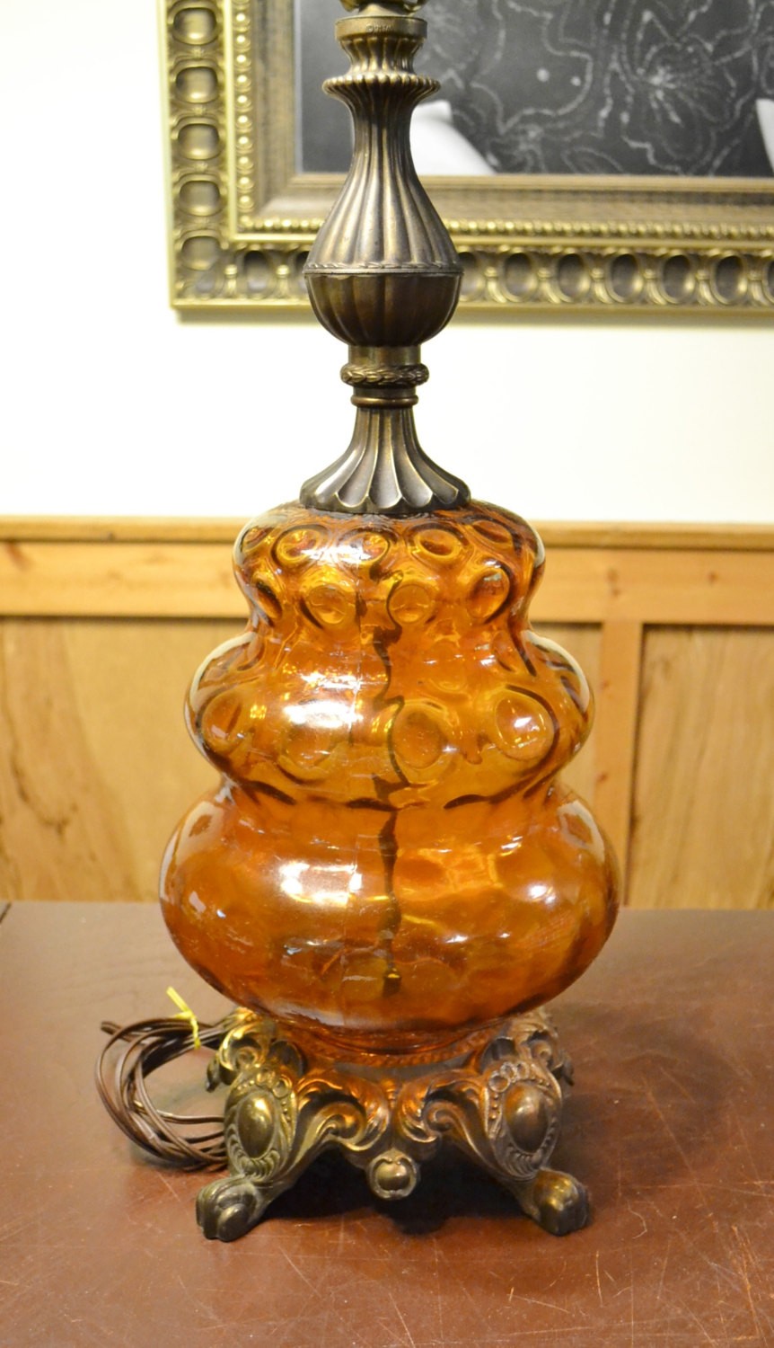 Vintage amber glass and metal table lamp retro lighting