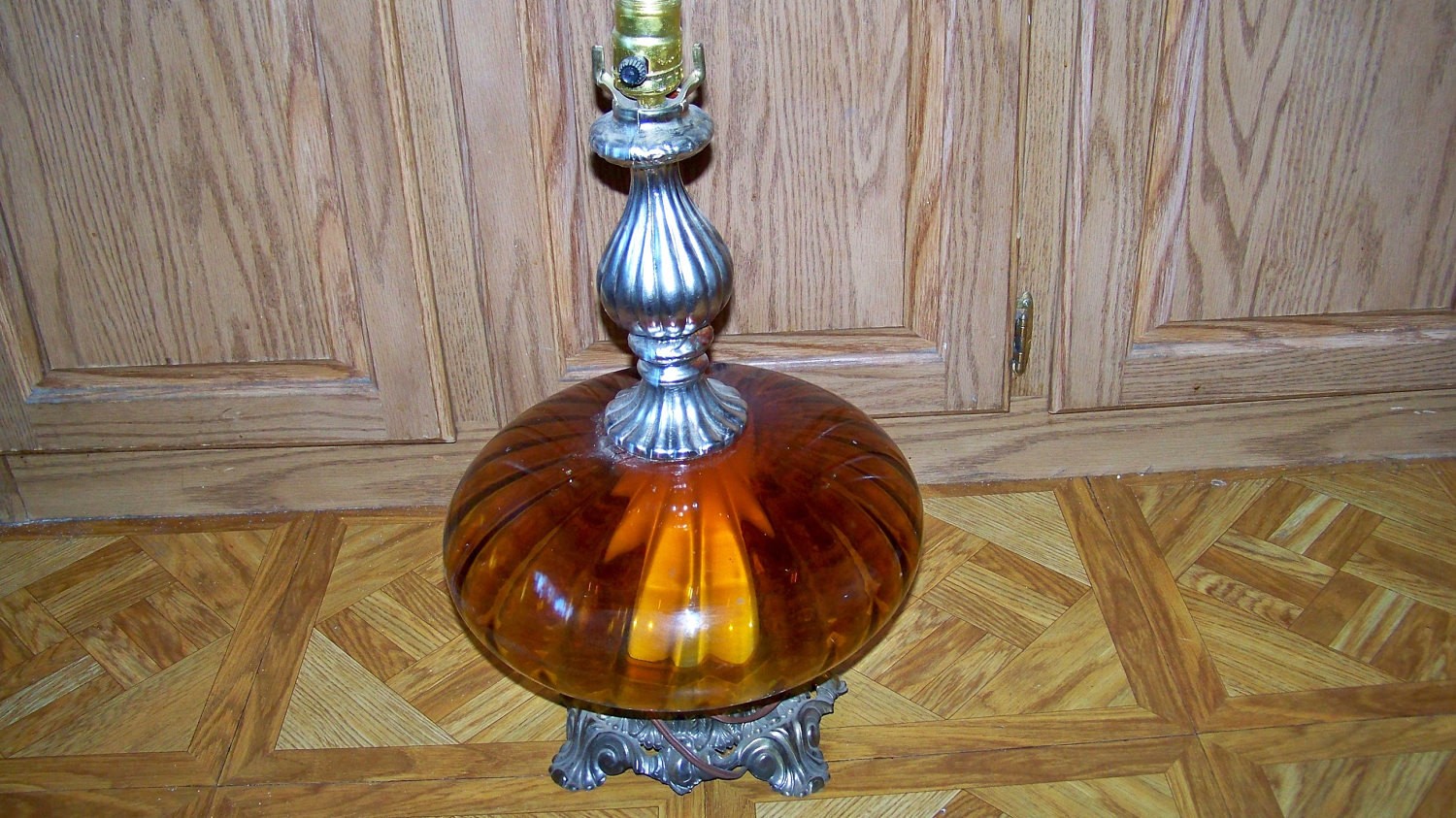 Vintage amber glass table lamp with nightlight bottom globe