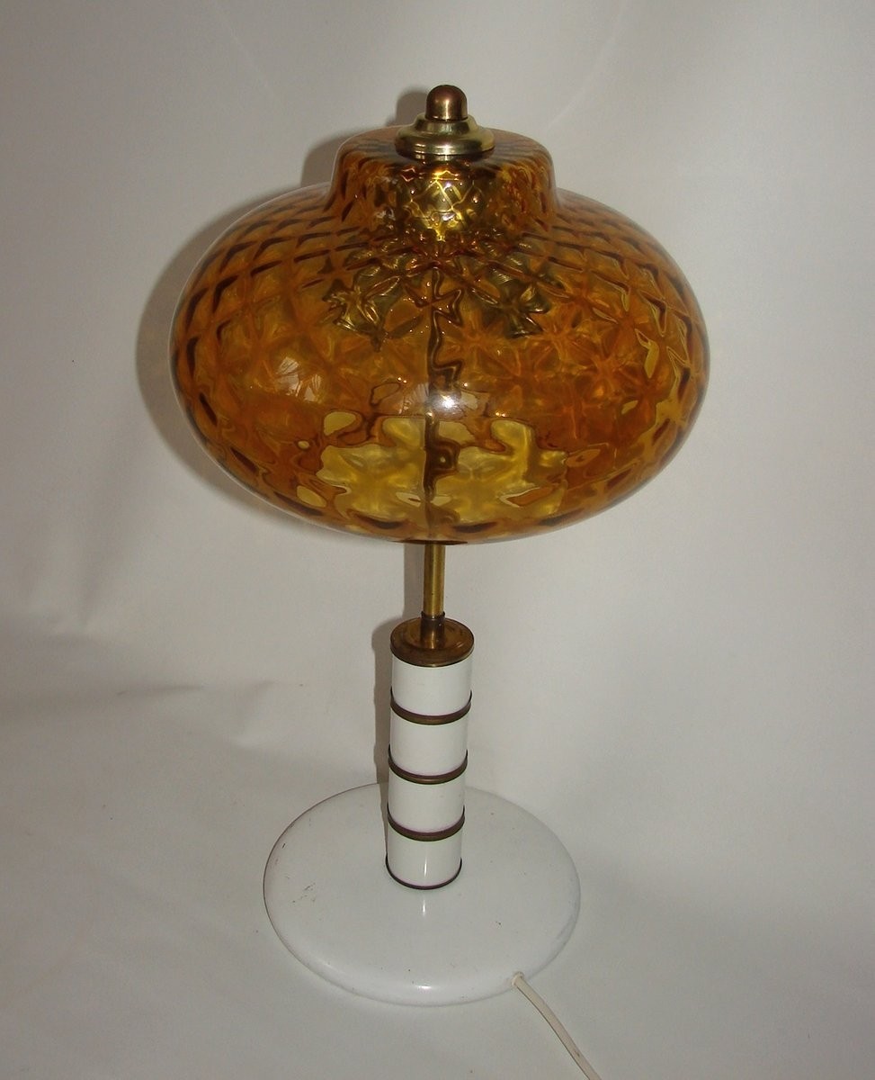 Vintage amber pressed glass table lamp 1970s for sale at