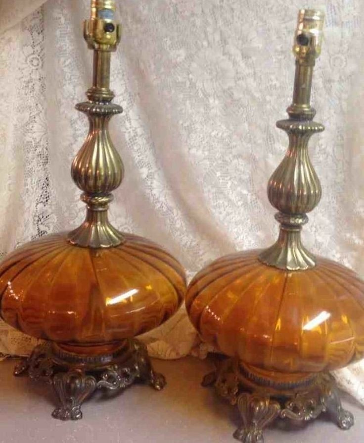 Vtg retro amber glass table lamps mid century hollywood
