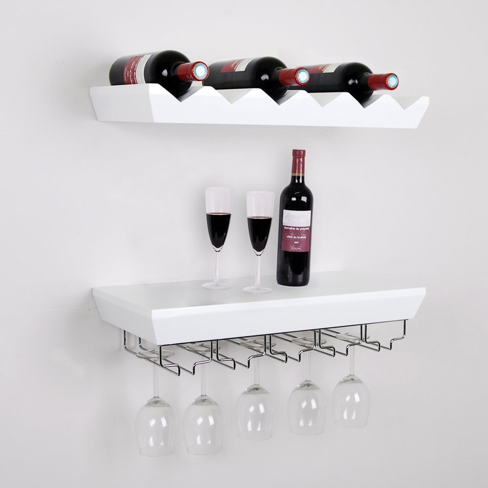 Wall mounted bottle wine rack shelf with glass holder 1