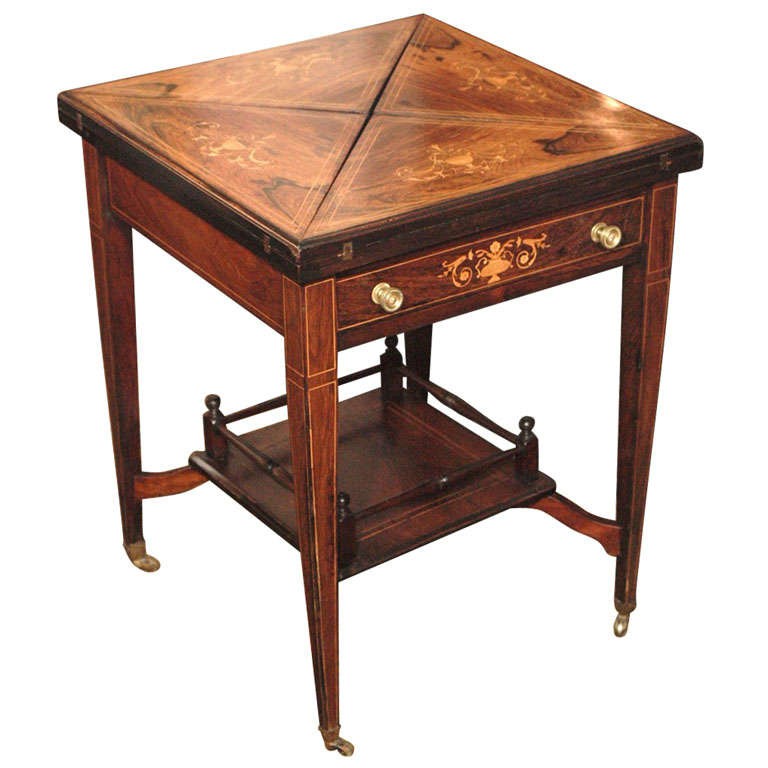Antique english inlaid rosewood envelope game table at