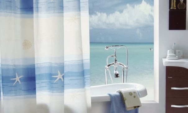 Beach themed shower curtains for relaxing scene in bathroom
