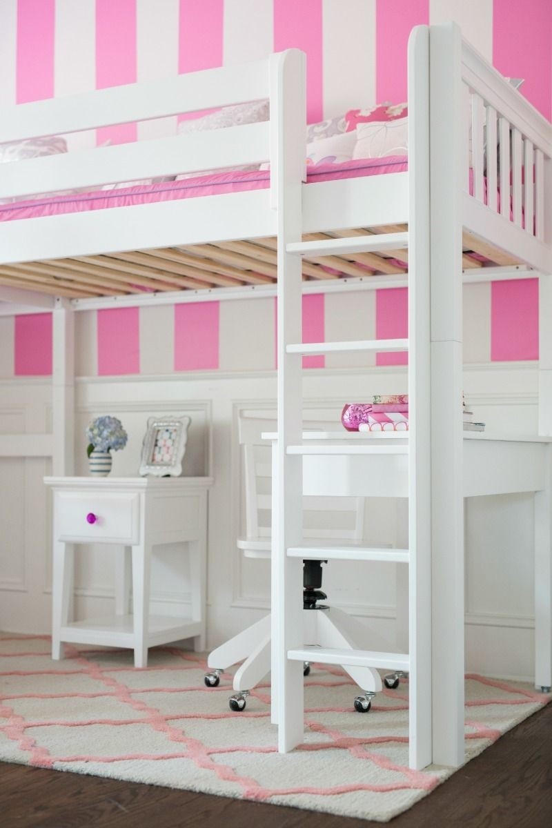 Beautiful girls bedroom with white corner loft bunk bed