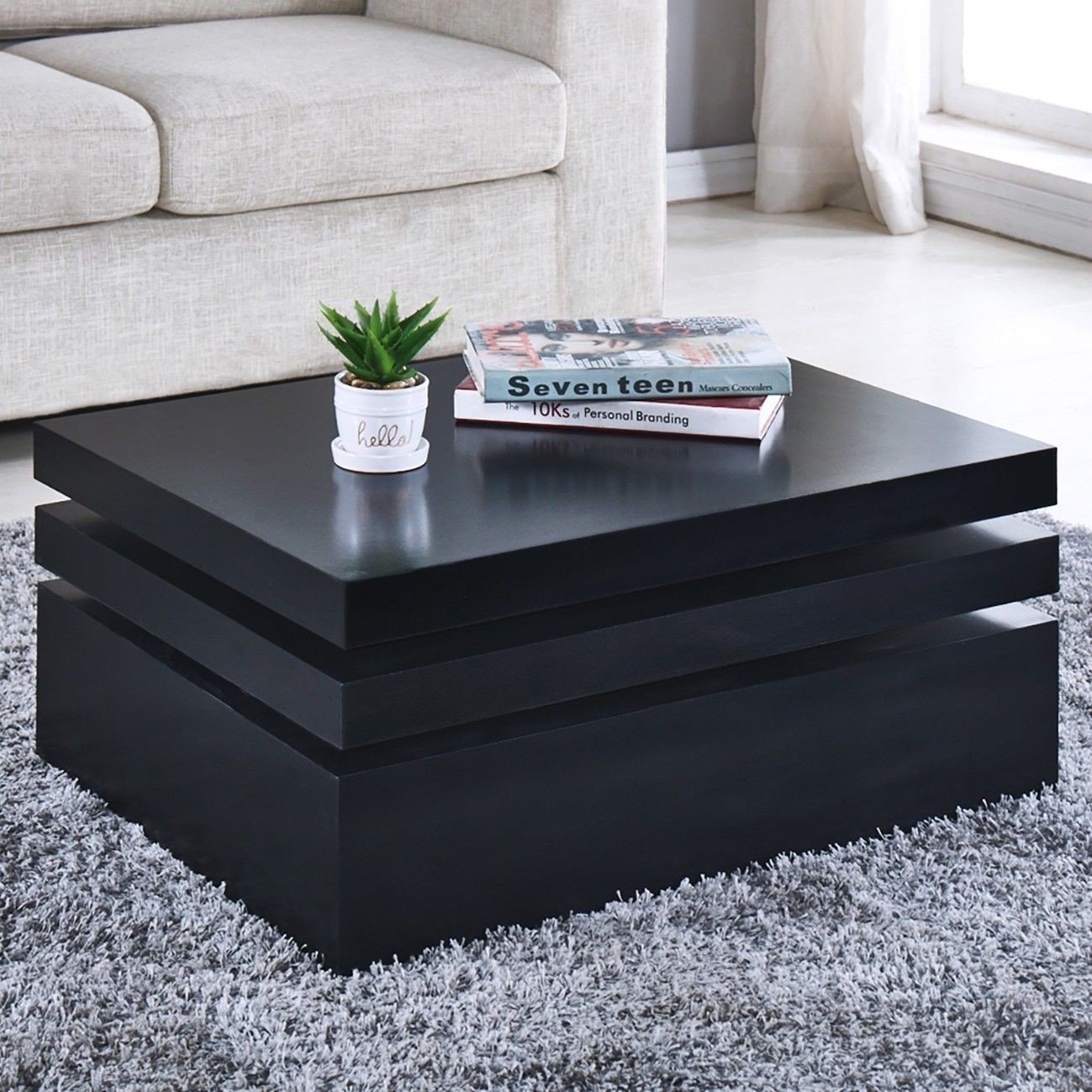 Black square coffee table rotating contemporary modern