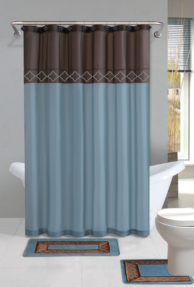 Brown blue modern shower curtain 15 pcs bath rug mat