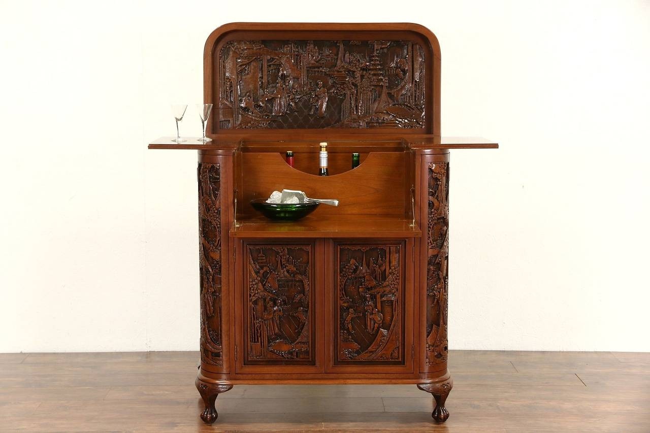 Chinese hand carved teak vintage bar or liquor cabinet