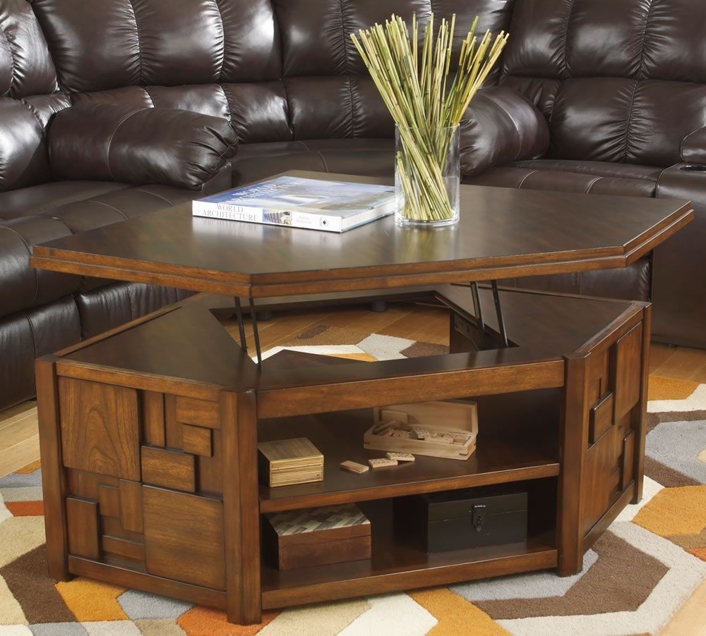 Corner pie shape cocktail table with lift top coffee table