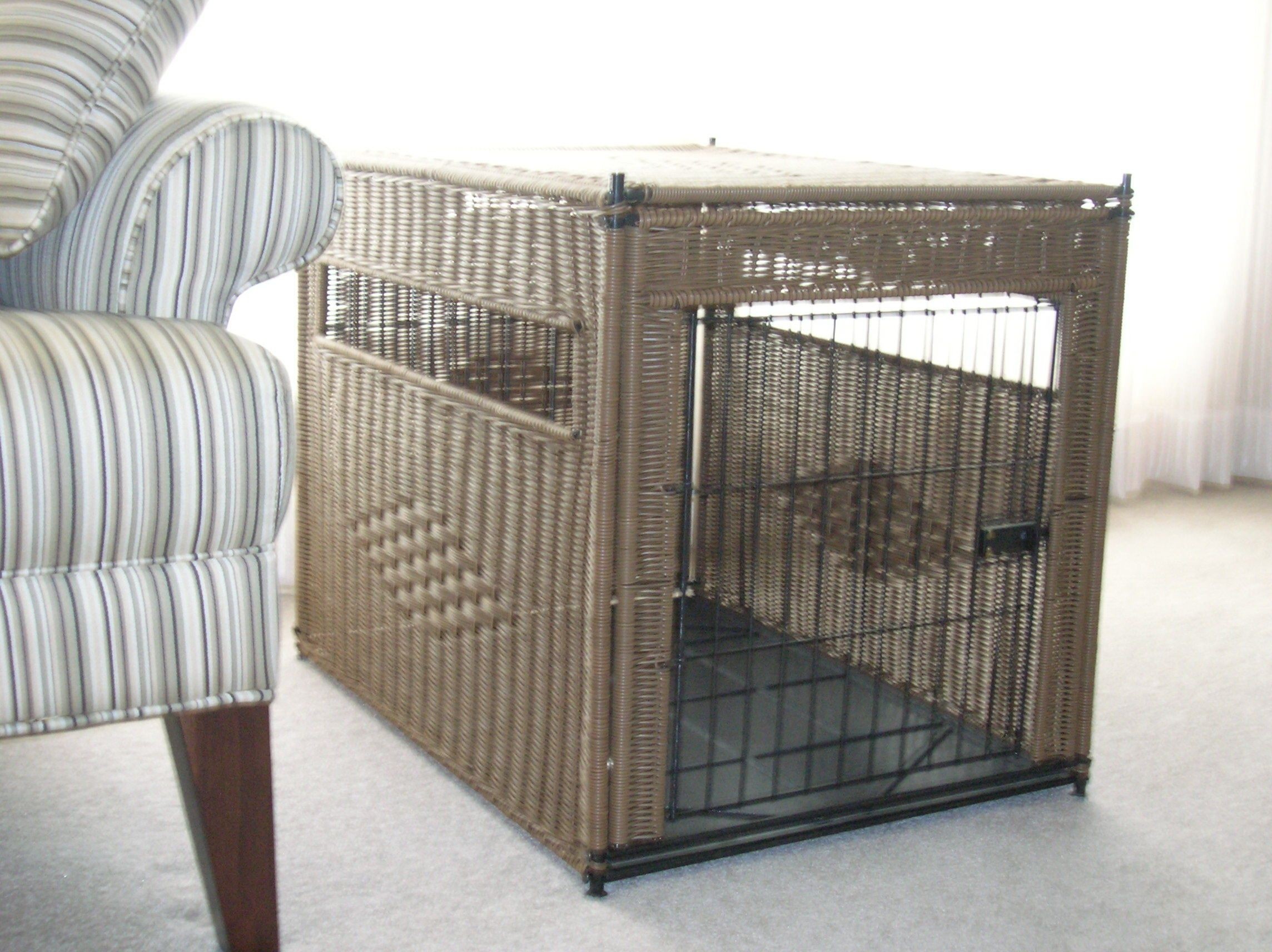 Decorative wicker dog crate in brown color with square