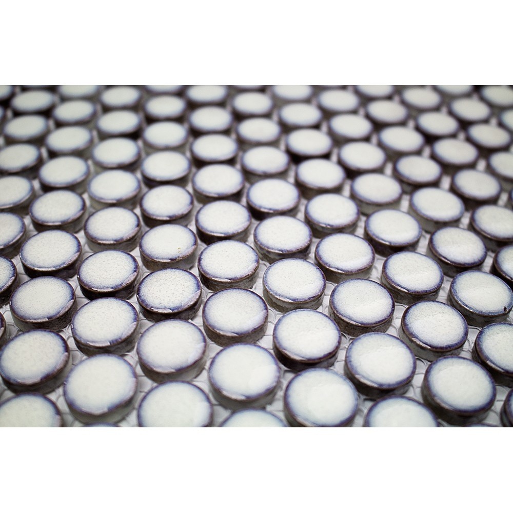 Eden rimmed winter white penny round polished ceramic tile