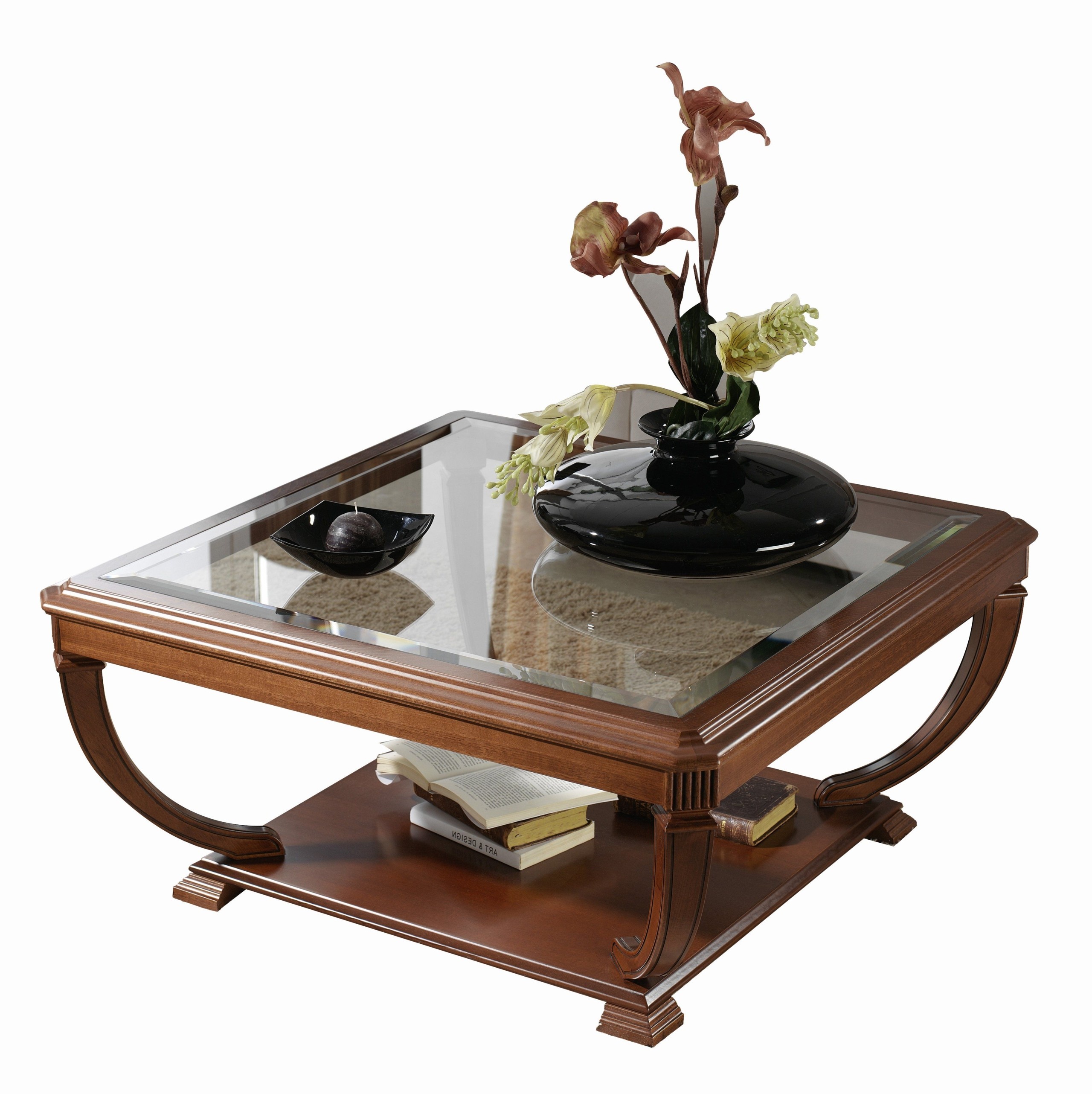 Elegant square glass top solid wood coffee table solid