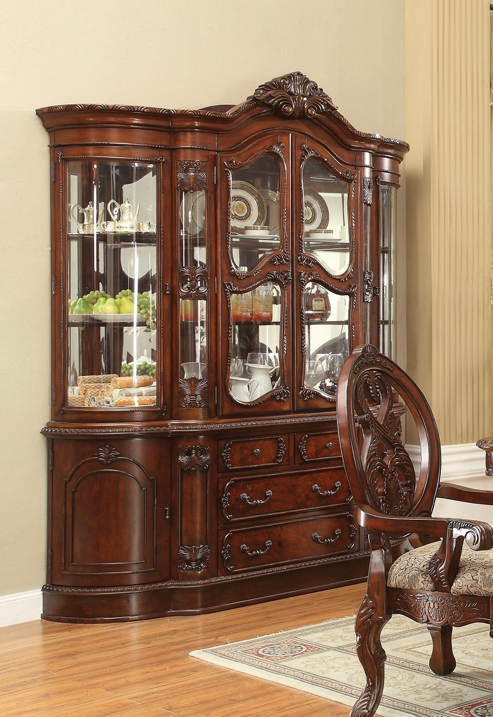 Emiliano traditional ornate china cabinet w touch light