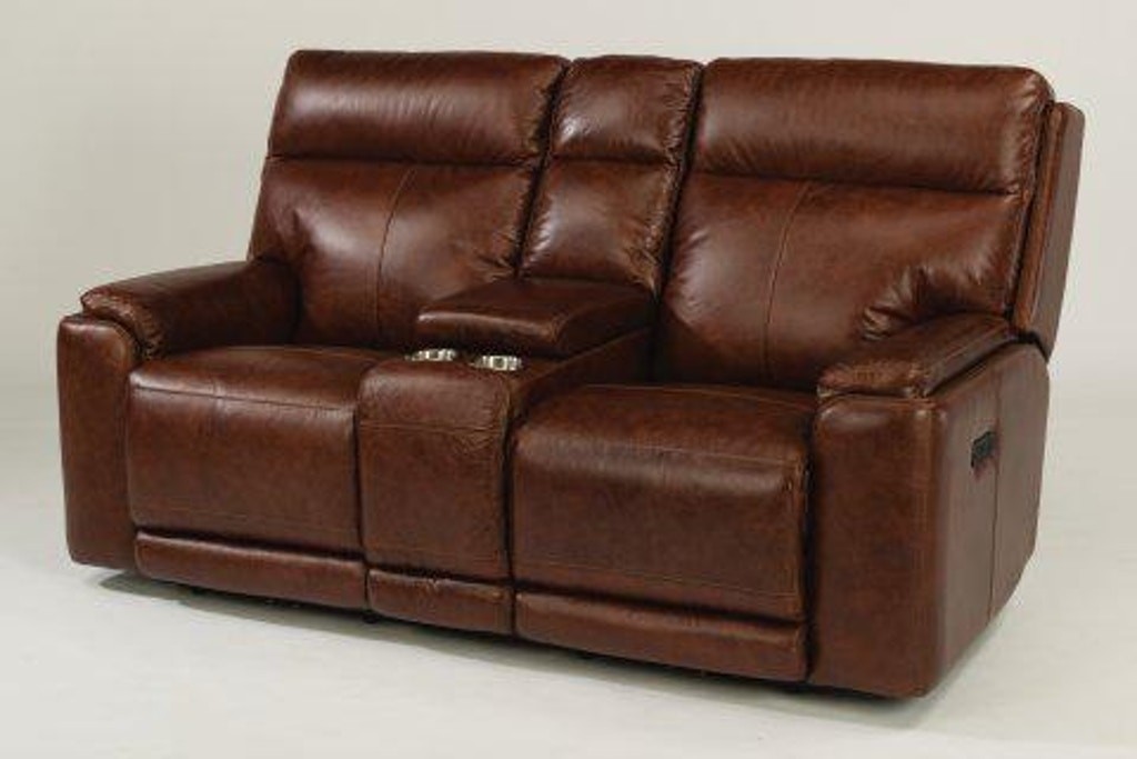 Flexsteel leather power reclining loveseat with console