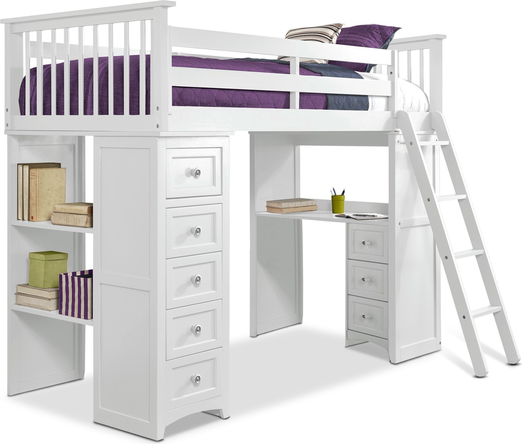 Flynn twin loft bed with desk and chest white in