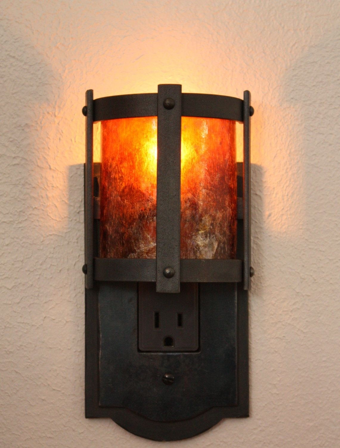 Forged steel night light with amber mica shade with