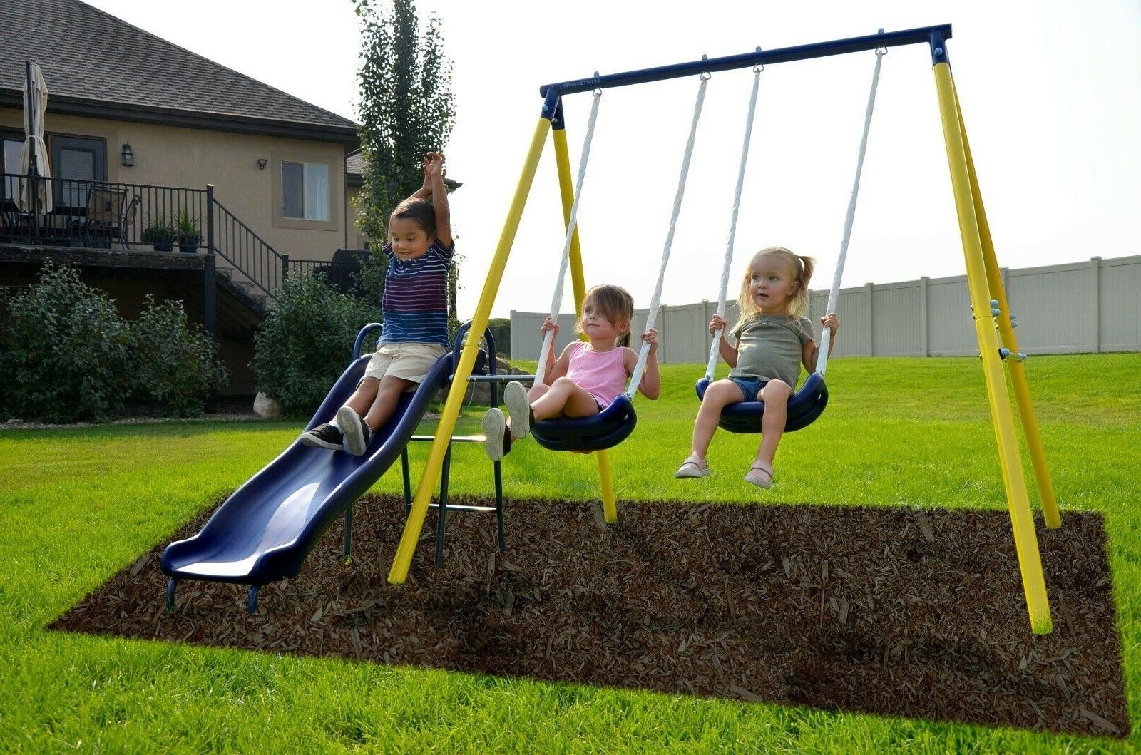 Fun metal swing set kids playground slide outdoor 2