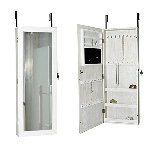 Gls white wall door mount jewelry armoire with mirror